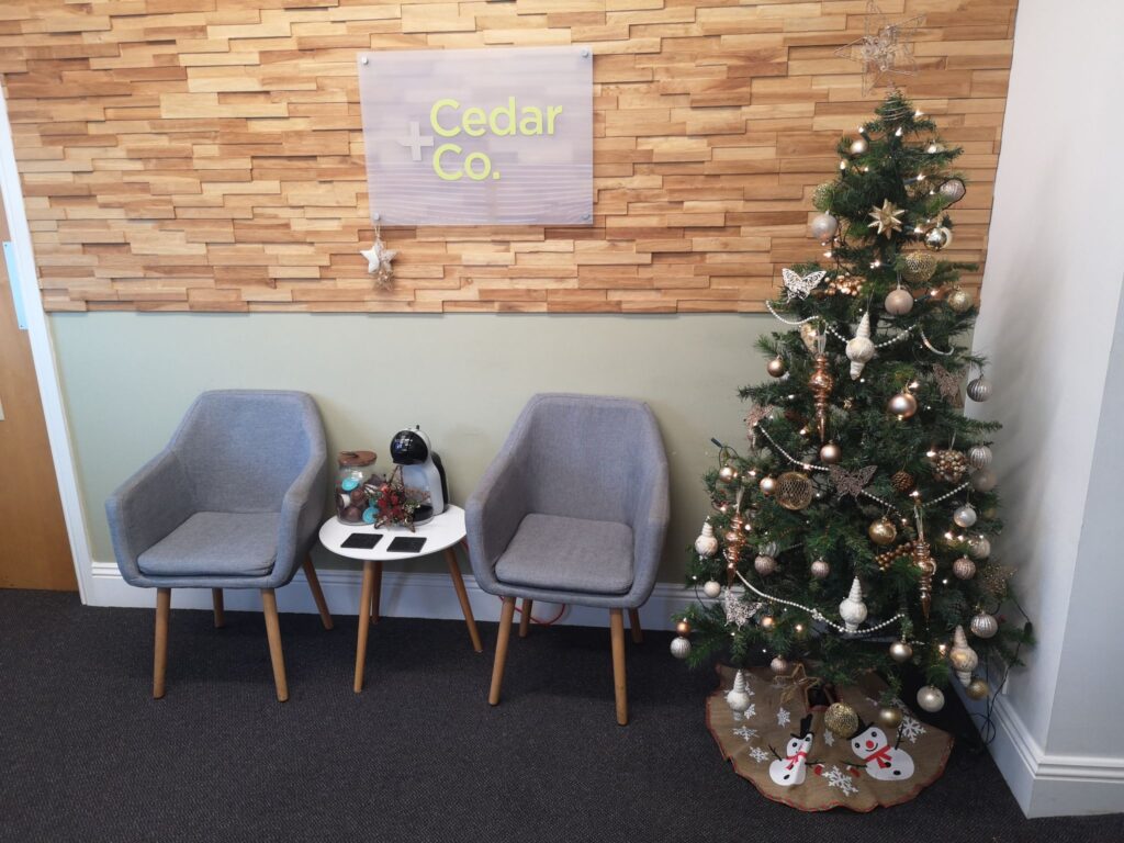 Festive Tax Tips Cedar + Co. Reception decorated for Christmas